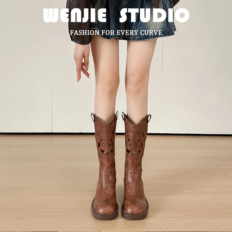 胖mm复古牛仔长筒靴薄款刺绣西部牛仔靴2025新款V口长靴透气大码