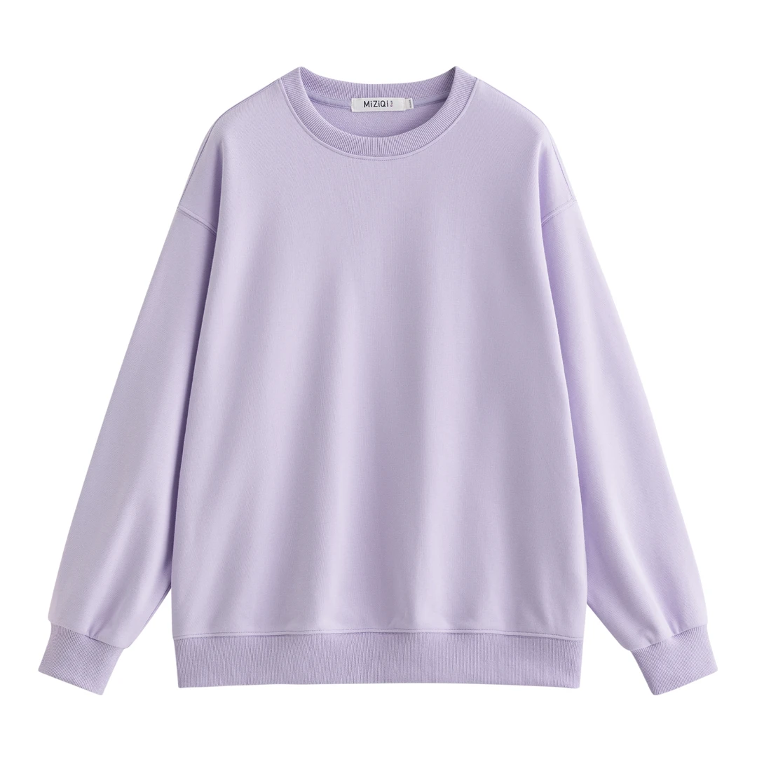 米子旗2025春季新款宽松百搭紫色无帽圆领小个子韩版女卫衣绒衫