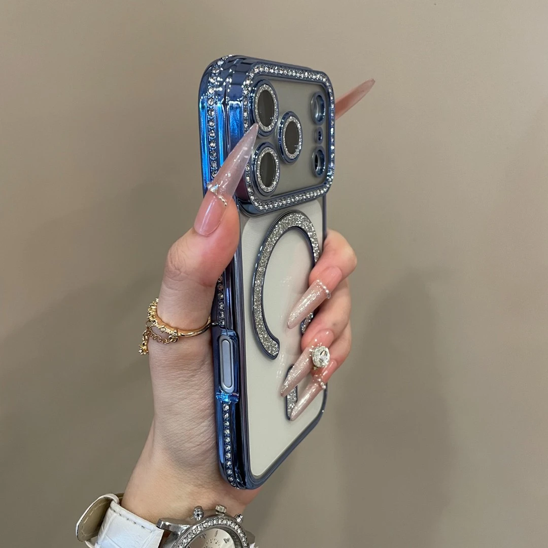 奢华闪粉护镜磁吸镶钻边适用iPhone17pro手机壳16高级15pm电镀14