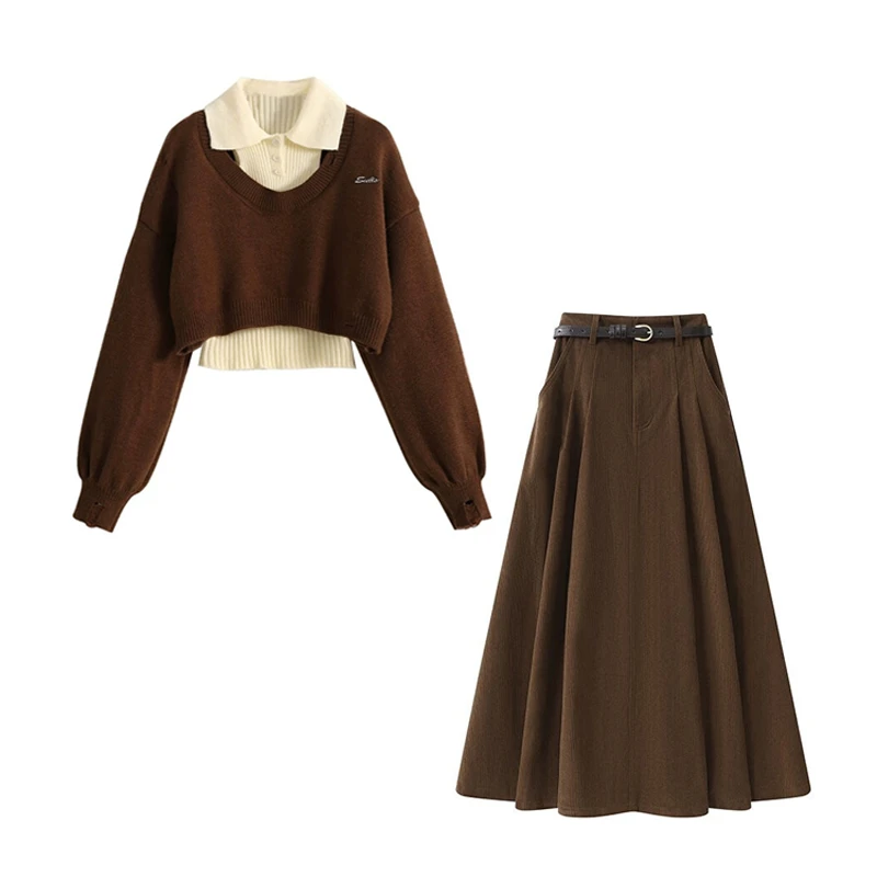 秋冬穿搭一整套女新款背心针织毛衣高腰显瘦大摆长裙两件套装2903
