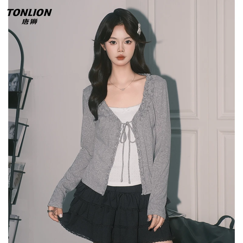 唐狮设计感灰色假两件花边领T恤女秋季收腰正肩小衫长袖系带上衣