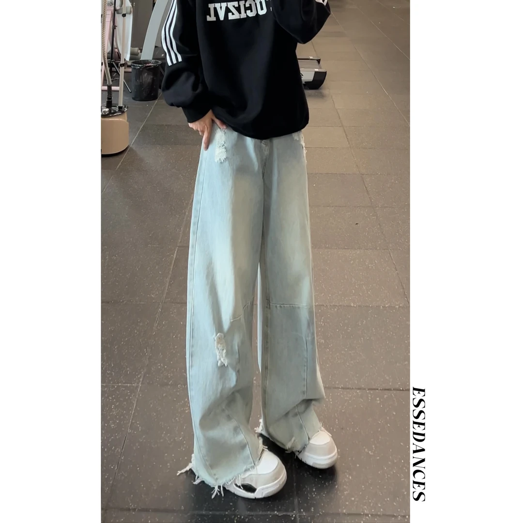 ESSEDANCES浅蓝色破洞毛边牛仔裤男微喇弯刀裤子美式高街阔腿裤
