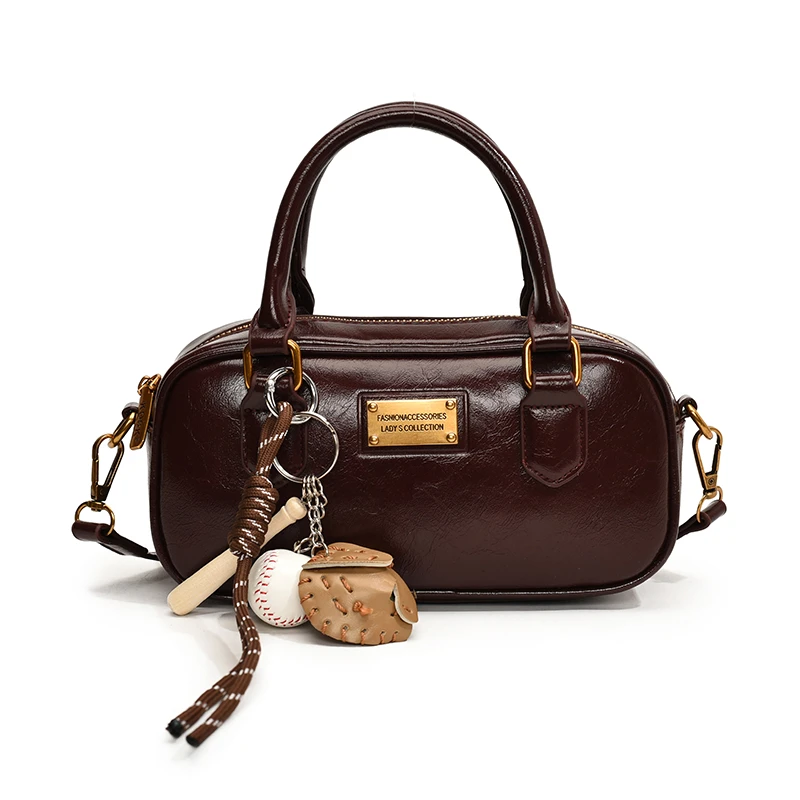 新款时尚单肩包大容量百搭手拎棒球包斜挎女包9071红