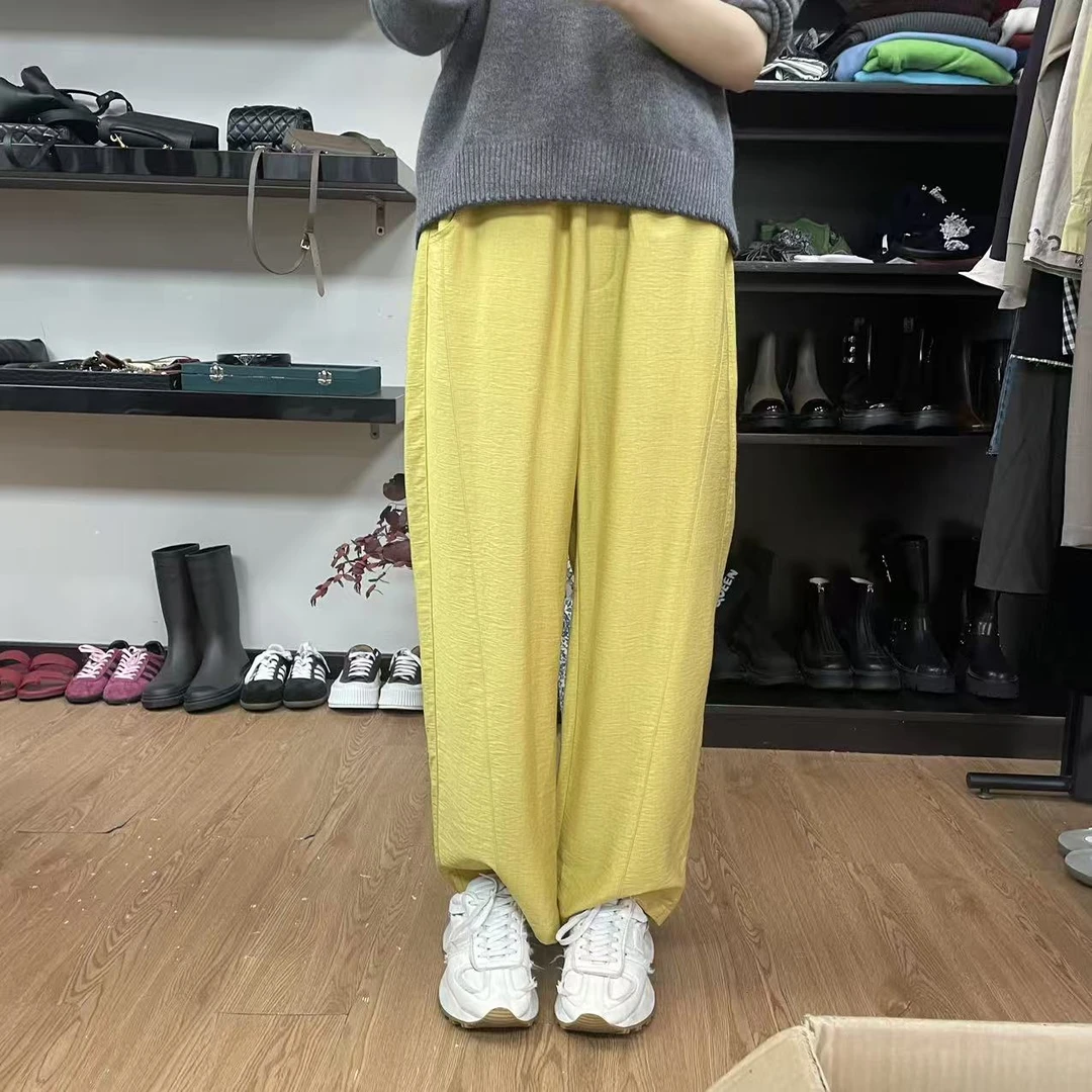 黄色弹力腰阔腿直筒休闲裤