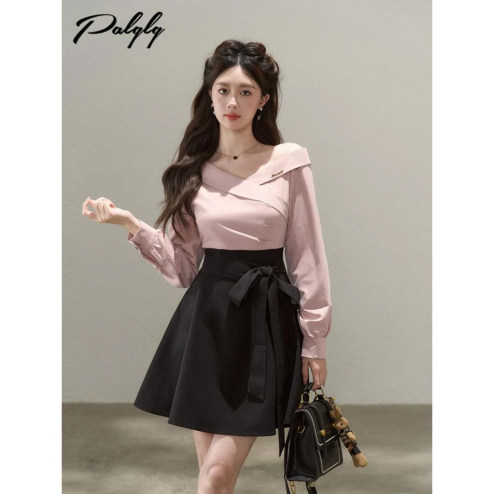 设计感小众假两件v领斜肩长袖连衣裙女秋装高腰显瘦通勤a字短裙子