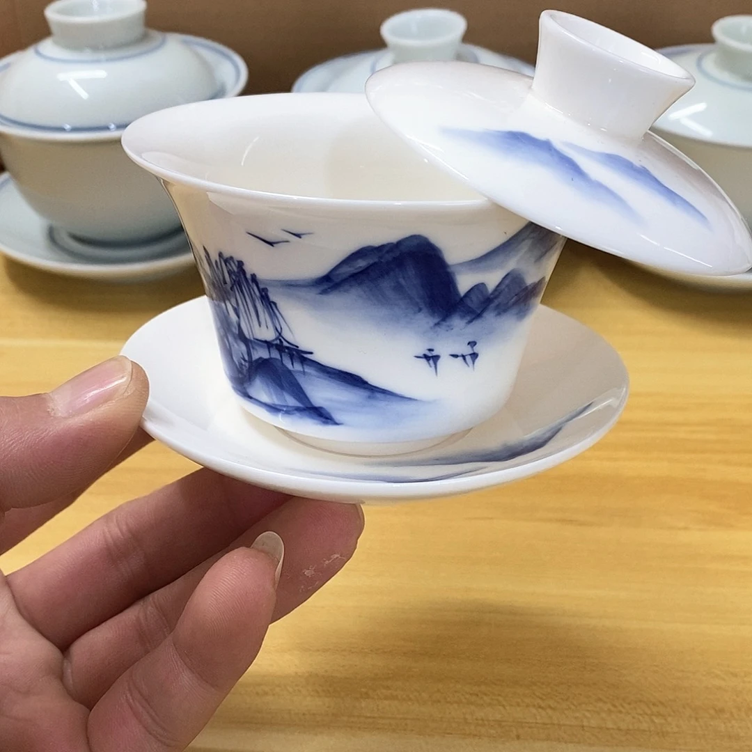 羊脂玉瓷手绘盖碗（瑕）150