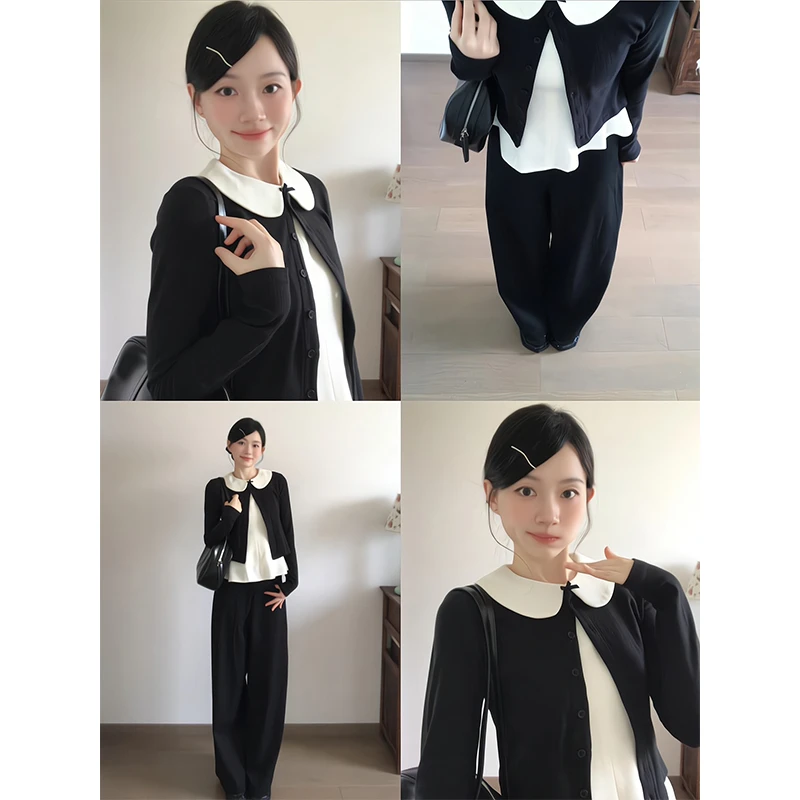 2025新款女士早秋季韩系镂空针织开衫娃娃领无袖背心上衣阔腿裤