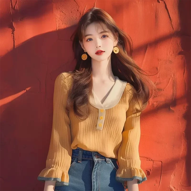 9334 早秋新款洋气别致小衫法式韩系减龄超好看黄色拼接长袖上衣