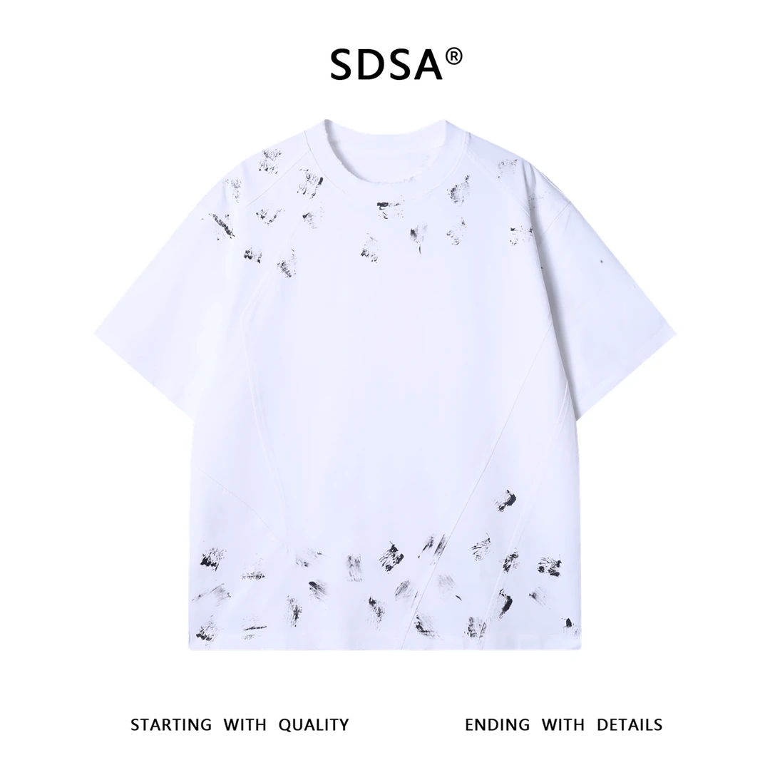 夏季高级感新款美式磨毛刷漆设计短袖T恤撞色压线圆领宽松上衣