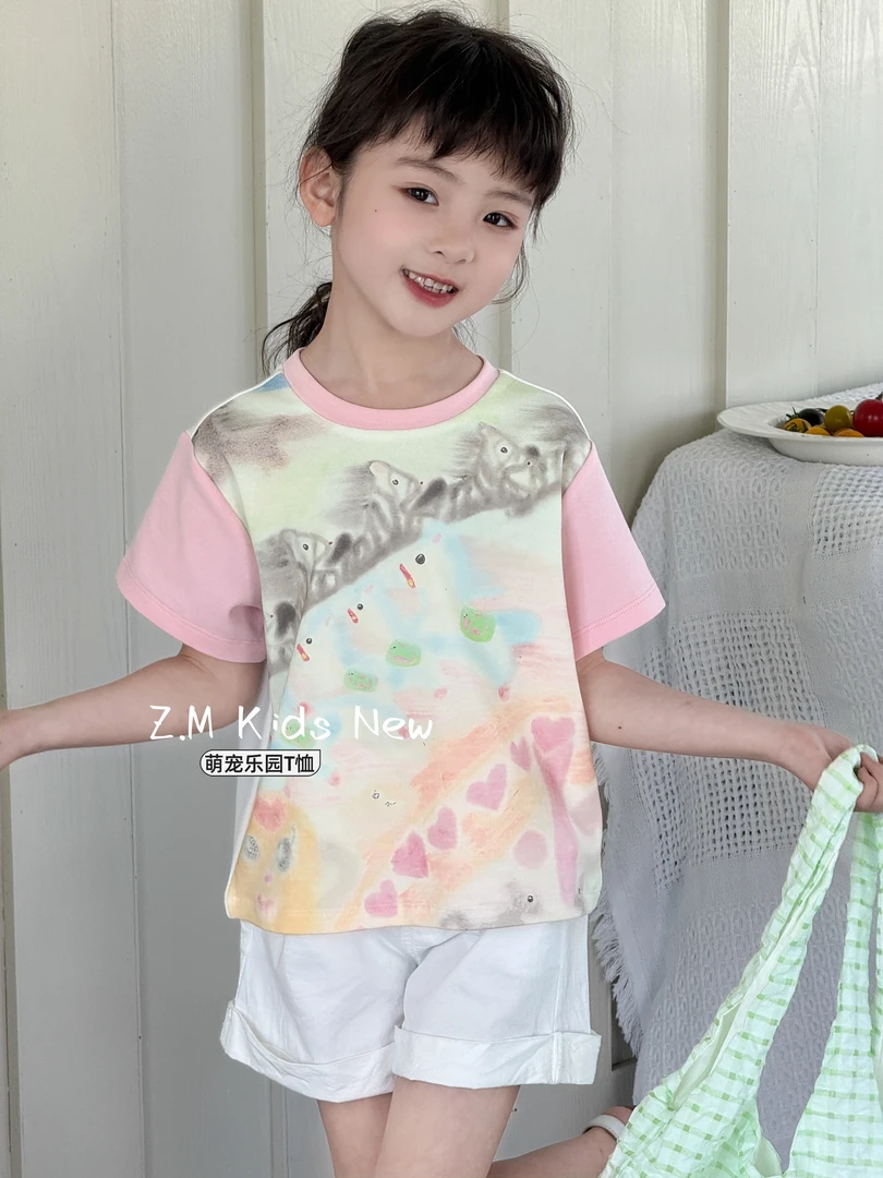 【萌宠乐园】2025夏儿童圆领半袖涂鸦撞色短袖女童T恤N-65111