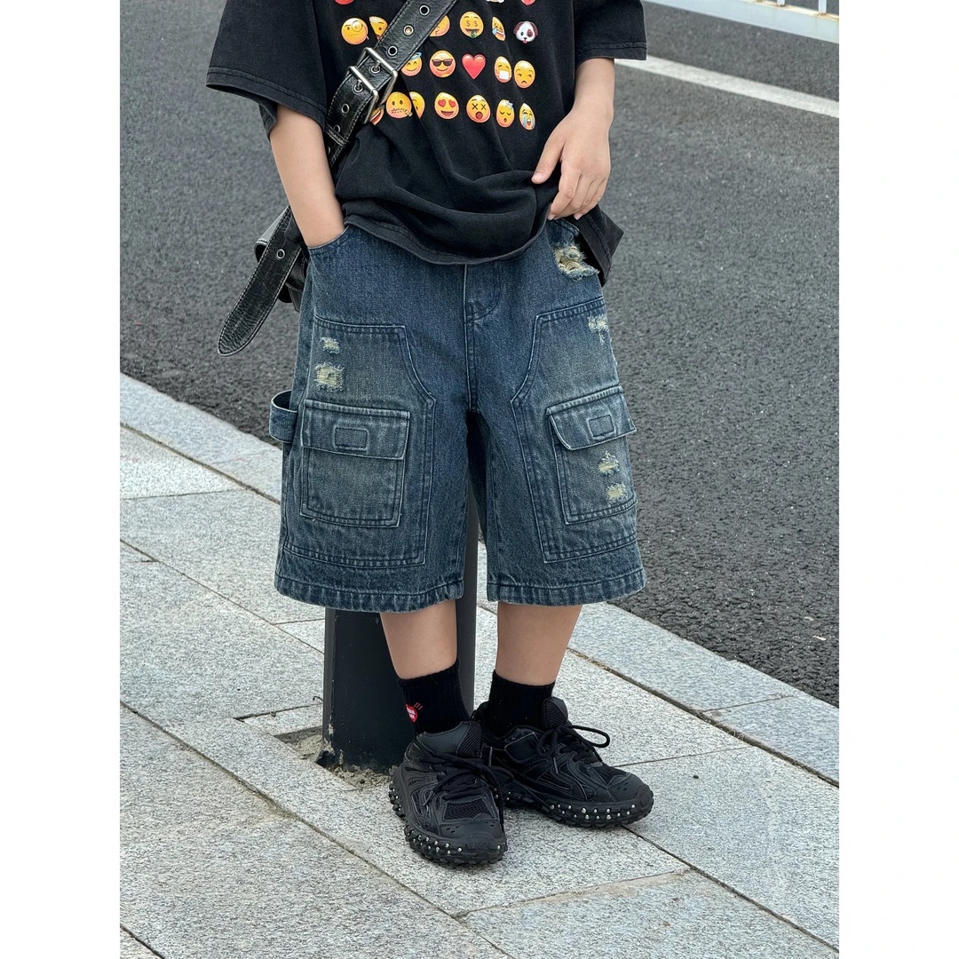 THE LUHAN【破洞高街】夏季破潮流中大童牛仔短裤24140