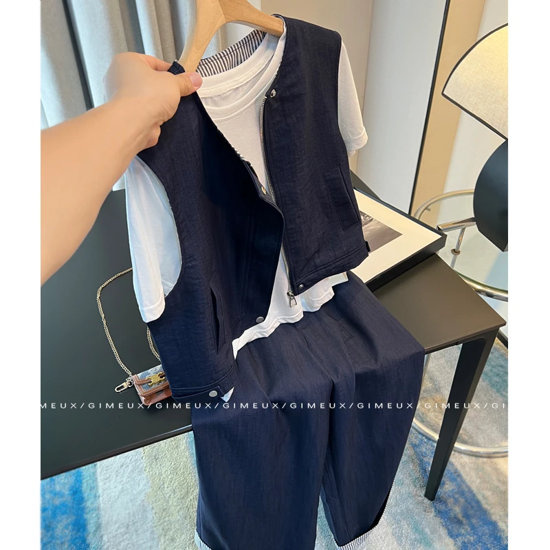 胖mm巨显瘦三件套女装2025新款高级小众撞色时尚气质上衣+阔腿裤