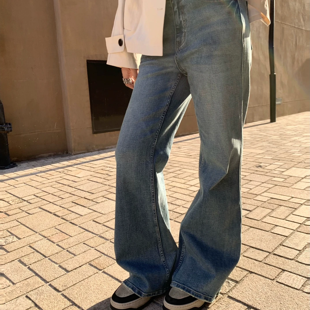 宅宅athome//私服牛仔 四面弹修身微喇牛仔裤中高腰显瘦拖地长裤