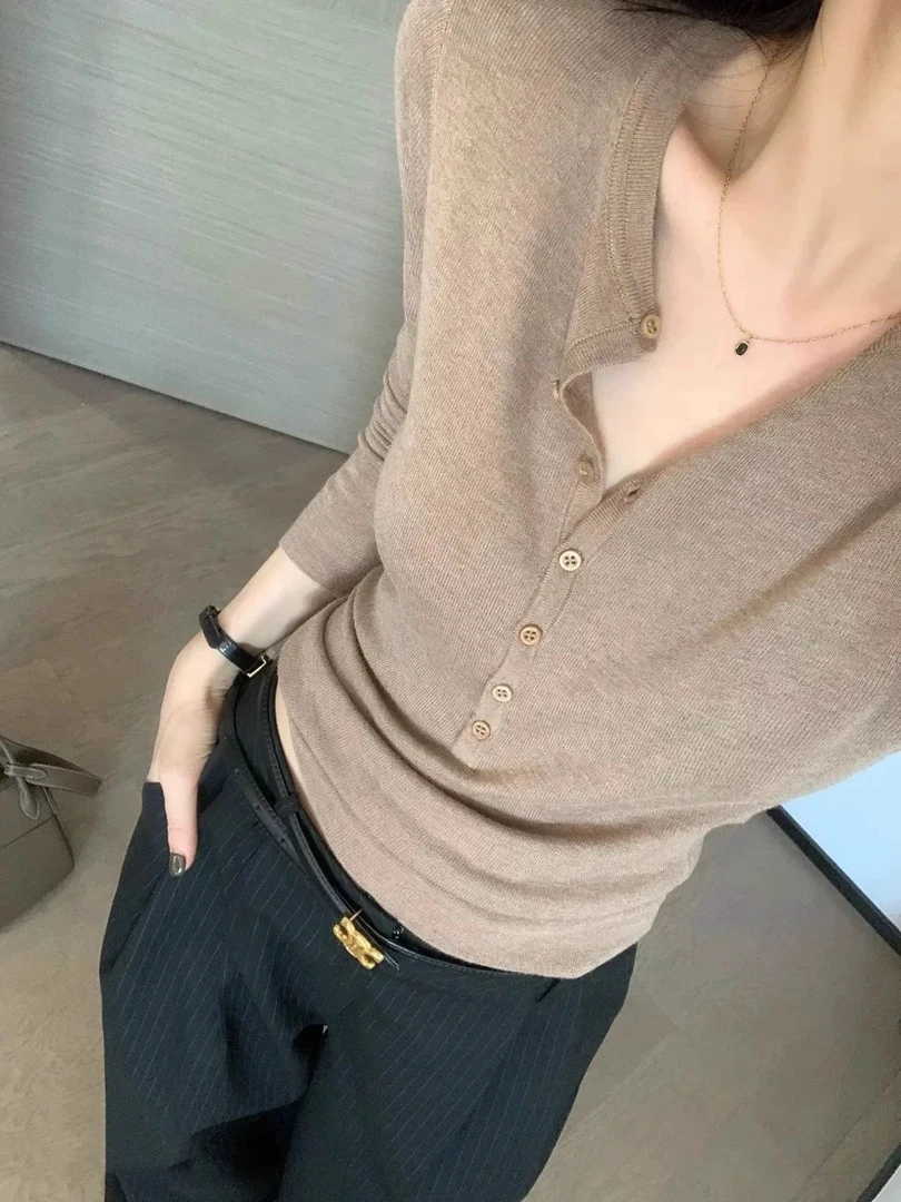 老钱风早秋半开领薄款羊毛衫女 修身显瘦软糯针织衫 百搭纯色打底