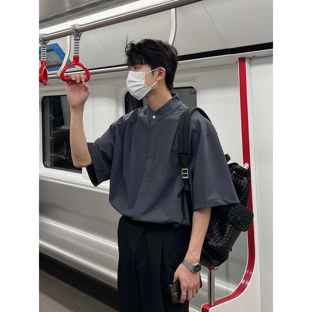 夏季新中式男装痞帅衬衫男短袖潮牌宽松百搭上衣city boy休闲衬衣