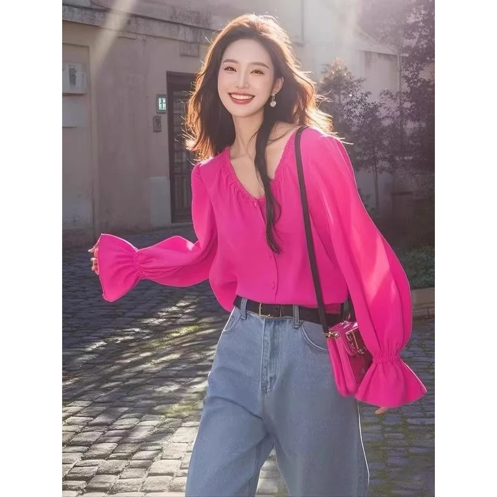法式气质v领玫红色喇叭长袖衬衫女春季新款超好看气质慵懒风上衣