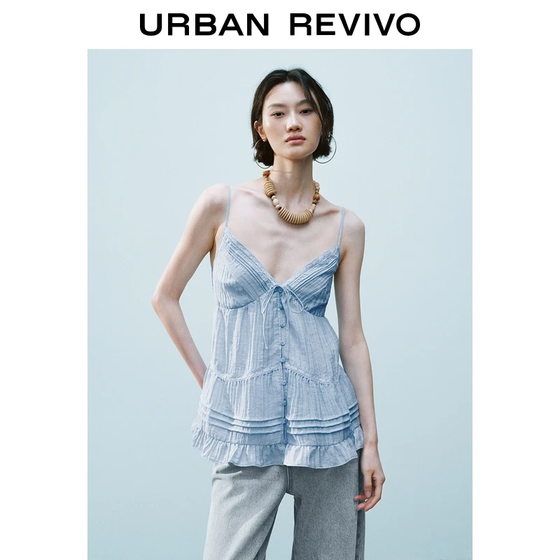 UR2025夏季新款女装休闲拼接蕾丝V领打揽吊带衫UYL250082