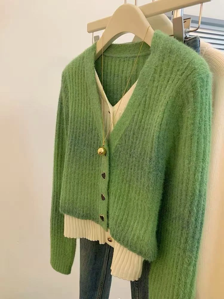 品哥弟新V领假两件叠穿针织开衫毛衣女气质设计感小众上衣女