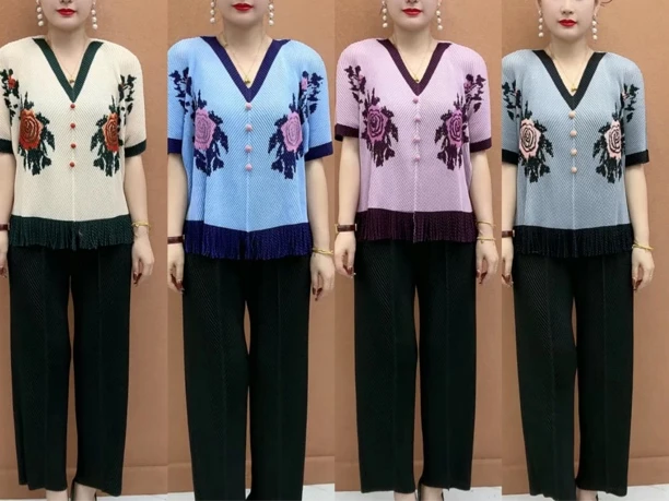 V领褶皱流苏上衣宽松显瘦时尚百搭短袖T恤