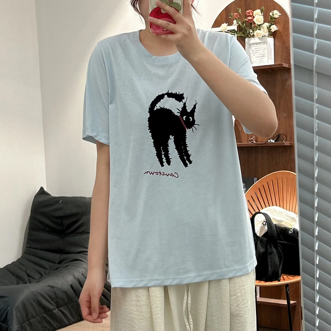 【咔咔】炸毛猫-印花猫咪短袖通勤T恤小众ins植绒薄款休闲K0277