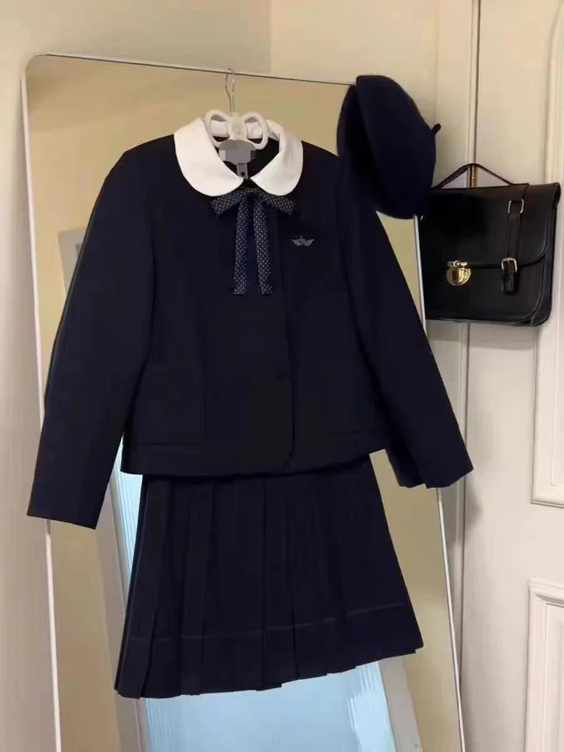 2025春季新款韩系穿搭娃娃领西服外套百褶裙两件套学院风减龄套装