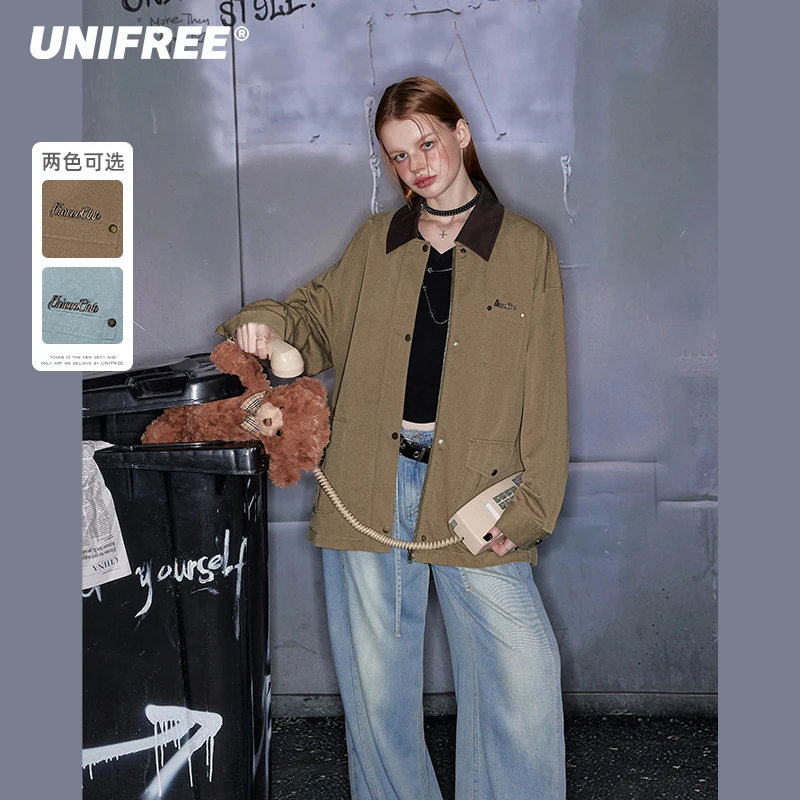 unifree【25年春】复古翻领拼接撞色宽松巴恩风百搭美式外套