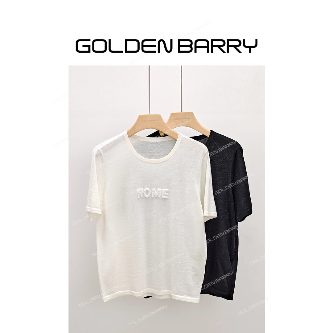 GOLDENBARRY|241171字母镶钻细针羊毛短袖针织衫