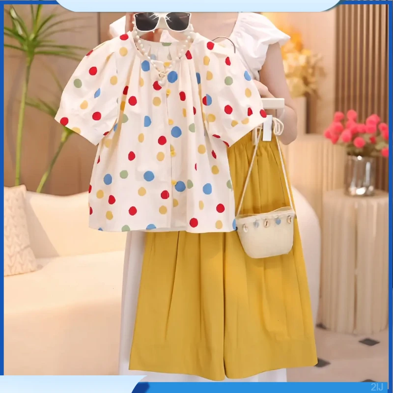 韩泡泡袖女童夏装套装两件套2025圆点洋气休闲阔腿裤新款娃娃衫系