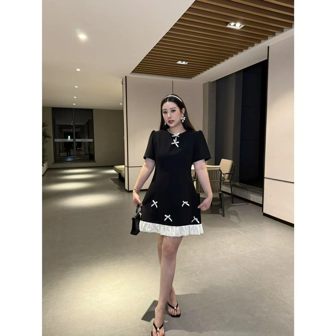 微胖温柔【可爱女人】显瘦气质法式优雅夏季拼接收腰小黑裙WR9281