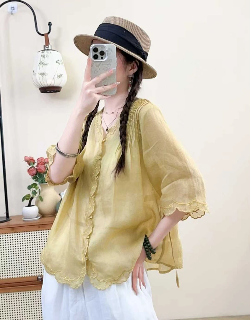【雨果果】夏季文艺显瘦刺绣收腰苎麻V领气质衬衣衬衫女款薄款上衣