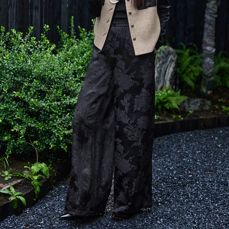 风笛2025春季新款新中式提花醋纤高腰直筒休闲长裤女梨形直筒裤