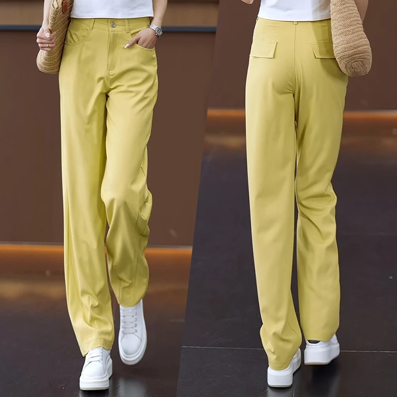 黄色抗皱免洗冰丝阔腿牛仔裤女夏季薄款2025新款高腰垂感香蕉裤子