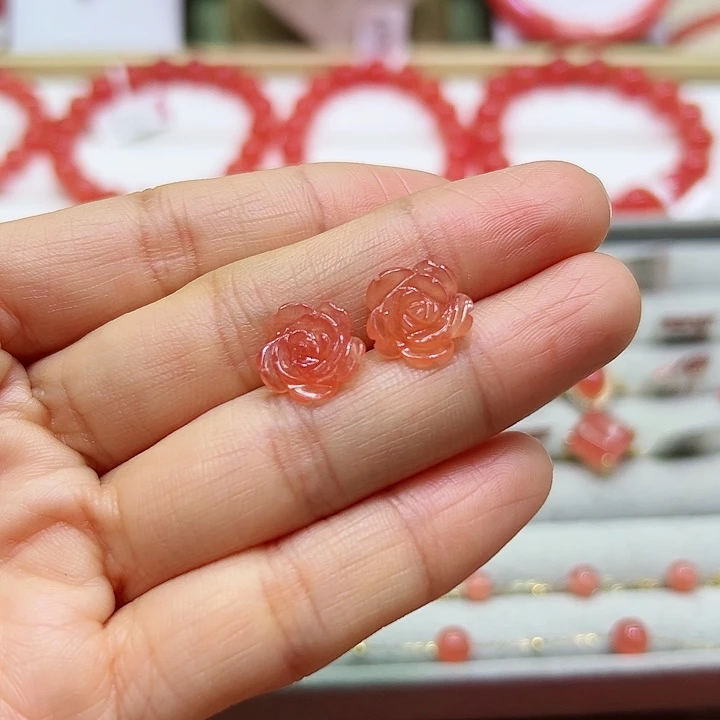 菱锰矿（红纹石）耳钉18K金镶嵌?***程