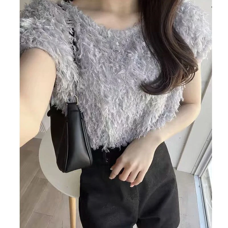 秋季新款女士慵懒甜美纯色流苏短袖圆领短款针织上衣遮肚子HH803