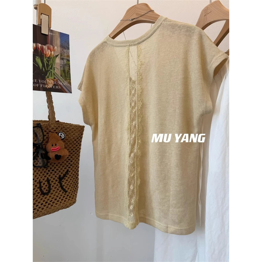 胖妹妹240斤大码设计感后背一排蕾丝v领宽松百搭短袖T恤上衣女夏