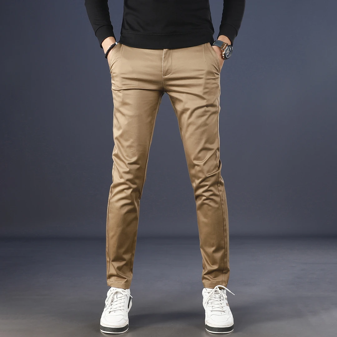 男士卡其色裤子男款秋冬款修身小直筒商务通勤弹力百搭休闲长裤子