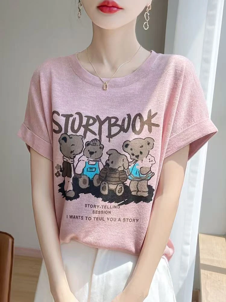 新款竹节麻四只小熊韩版短袖女时尚百搭宽松设计感显瘦针织衫洋气