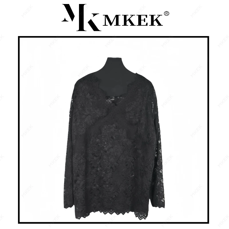 823韩版春季新款时尚V领拼接镂空微透复古风显瘦蕾丝女打底衫百搭