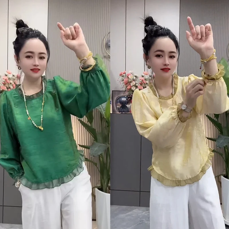 早秋新款时尚减龄修身显瘦圆领长袖上衣气质百搭简约通勤纯色衬衫