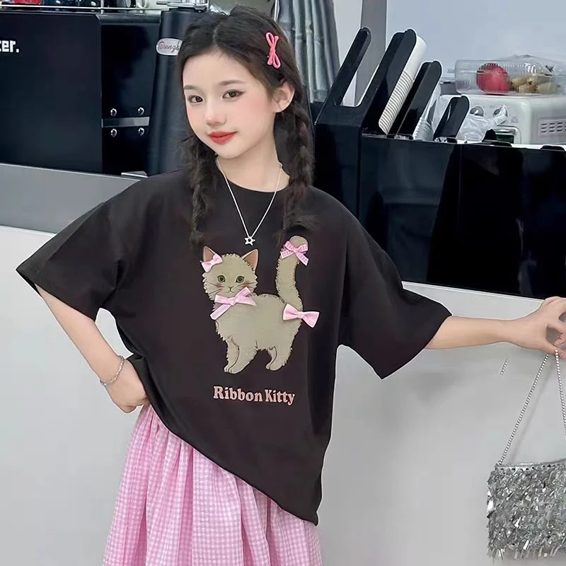 【丫丫童装】2025夏季新款女大童女童卡通猫咪印花短袖T恤-K397