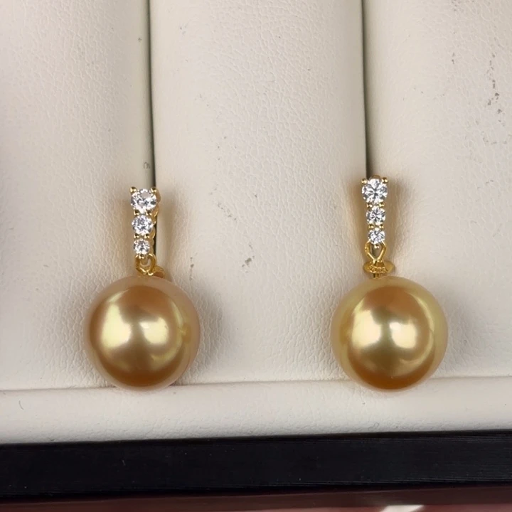 定制海水珍珠银S925镶嵌耳饰11.5mm金珠两颗