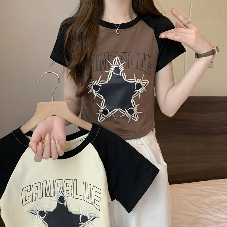 24#实拍（原版天猫抖音质量）美式撞色插肩t恤女短款辣妹短袖上衣