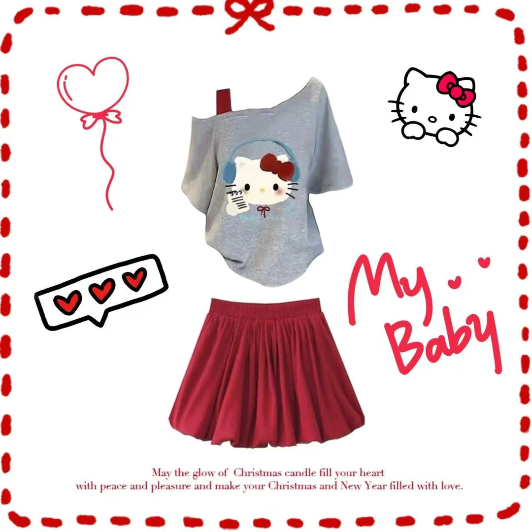 【现货Kitty耳机日记两件套】kitty猫咪印花露肩吊带短袖夏季套装