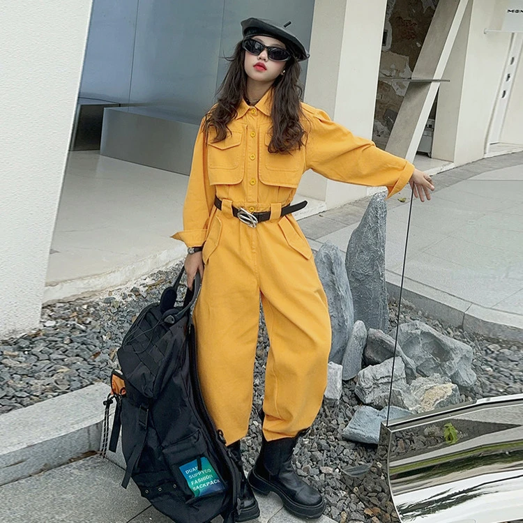 2025女童黄色工装连体裤春秋季新款韩版女孩时髦机车服连身衣潮酷