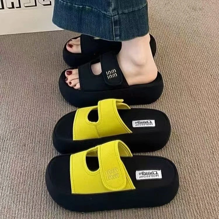 啄木鸟超火魔术贴厚底拖鞋女夏季外穿一字凉拖鞋小个子增高凉鞋