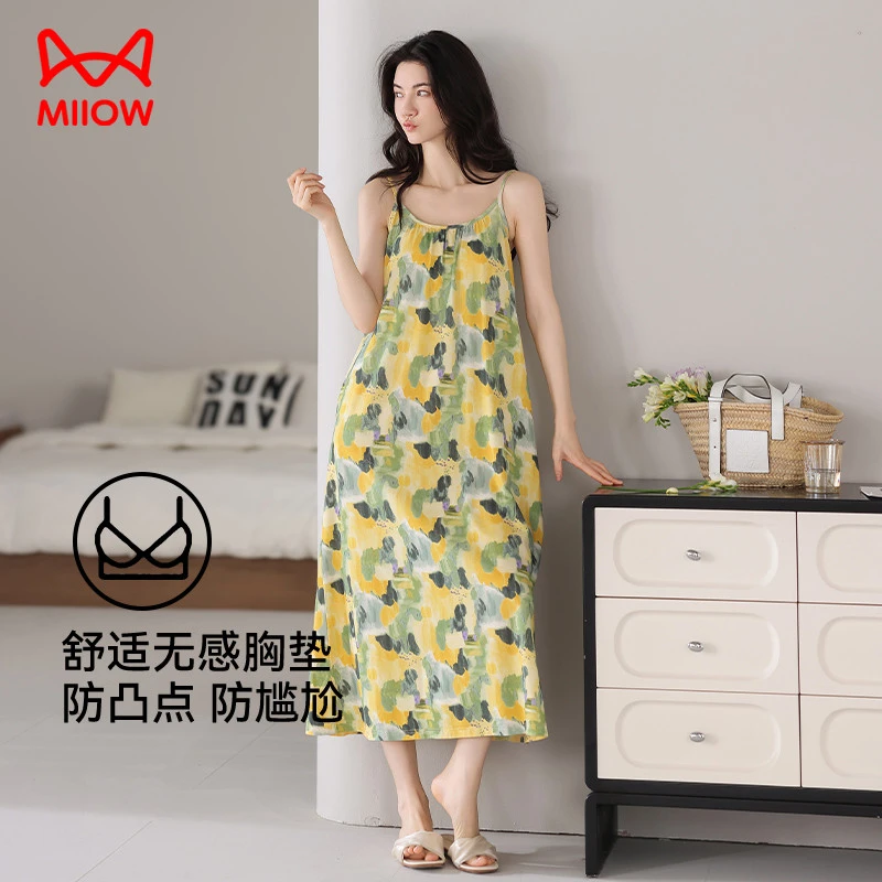 猫人睡衣女吊带夏中长款过膝短袖睡裙大码带胸垫甜美连衣裙家居服