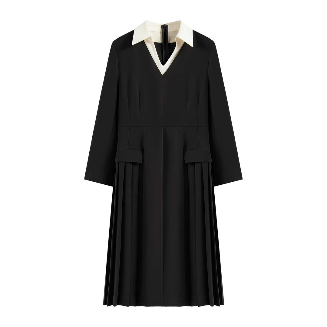 【南油虹姐】新款气质轻奢时尚复古收腰拼接百褶连衣裙