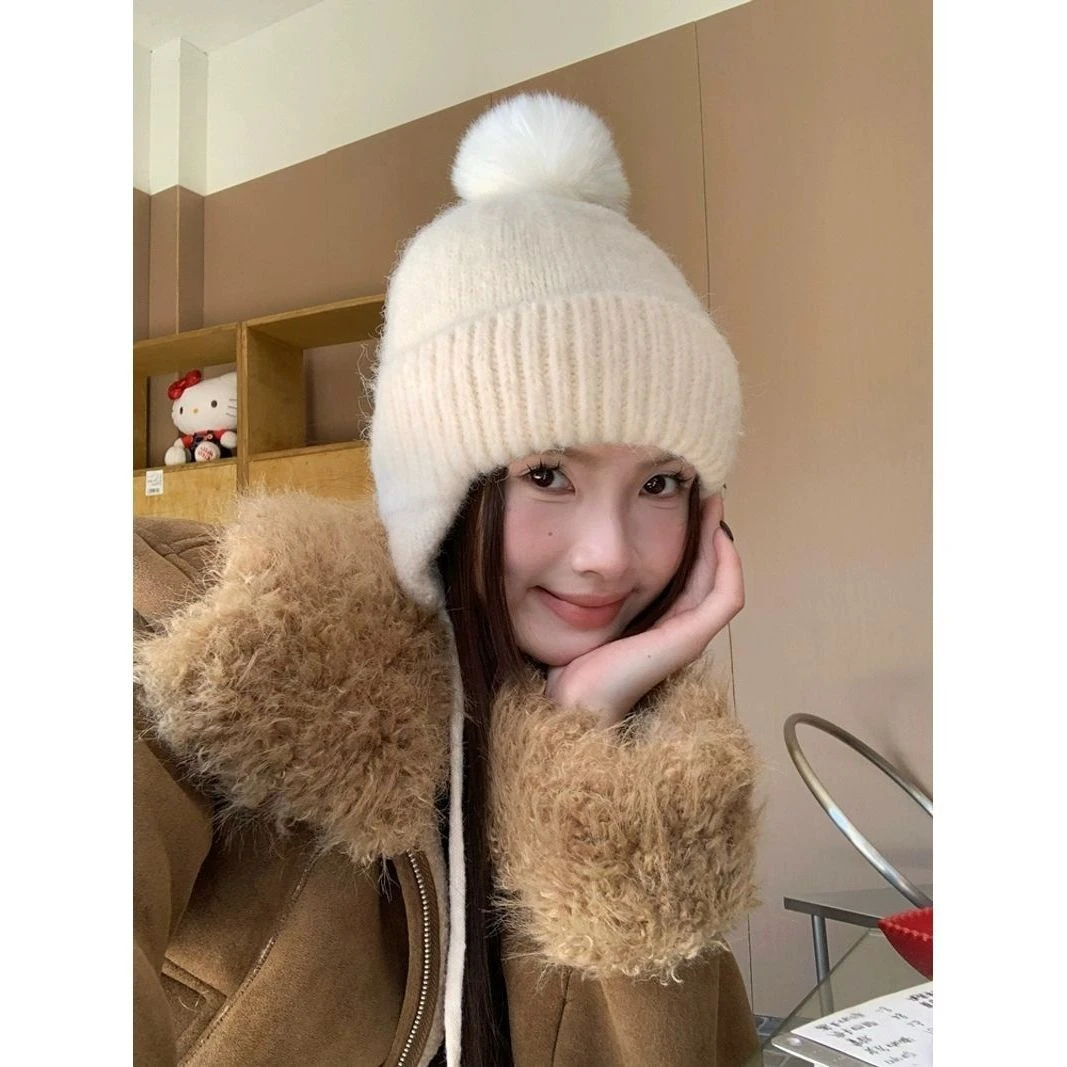 韩系白色针织毛线帽子女秋冬季毛球保暖显脸小护耳包头帽冬大头围