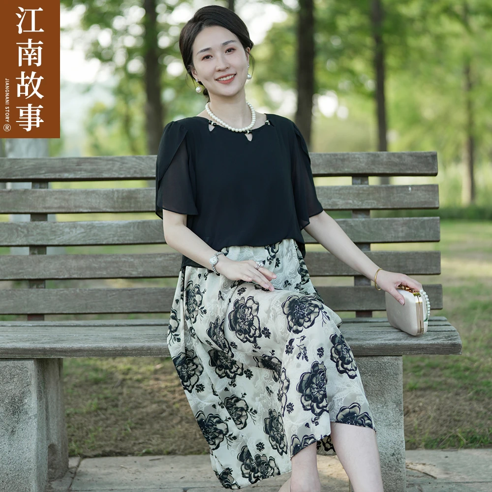 江南故事妈妈装气质碎花萍姐雪纺收腰中长款显瘦夏季时尚连衣裙