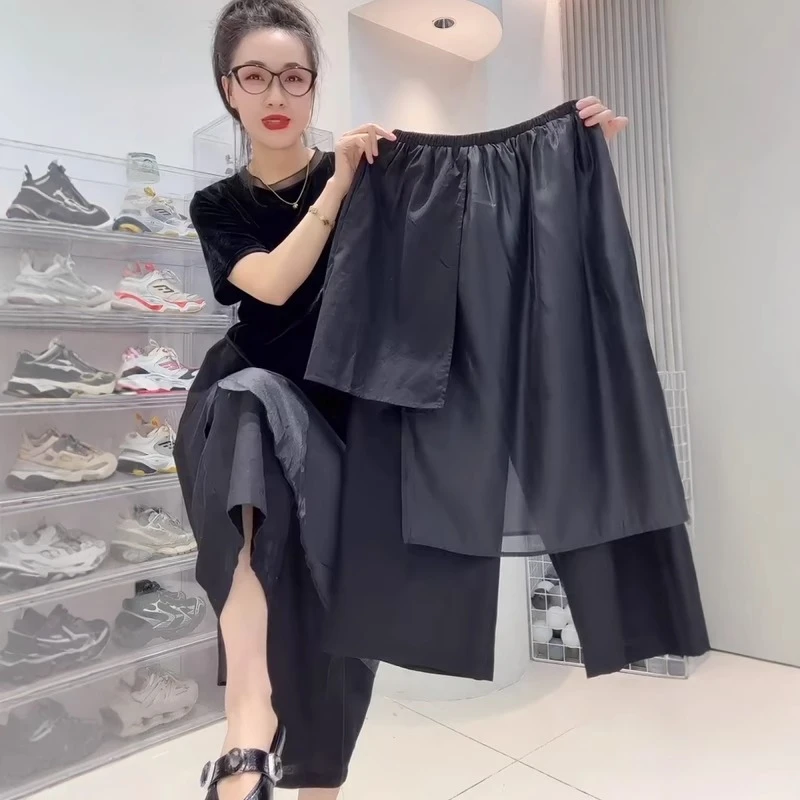 欧货洋气个性八分休闲裤女夏季新款宽松显瘦假两件高腰拼接裙裤潮